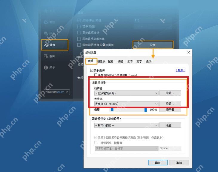Bandicam Windows 录像设置音频页面高亮扬声器和麦克风设备区域