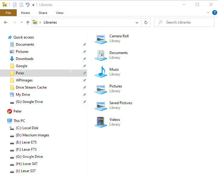 Win10 文件资源管理器显示 Libraries 视图和默认库