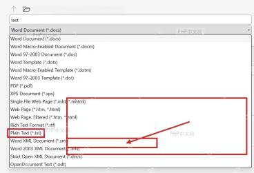 Microsoft Word 保存类型下拉框中选择 Plain Text txt 格式