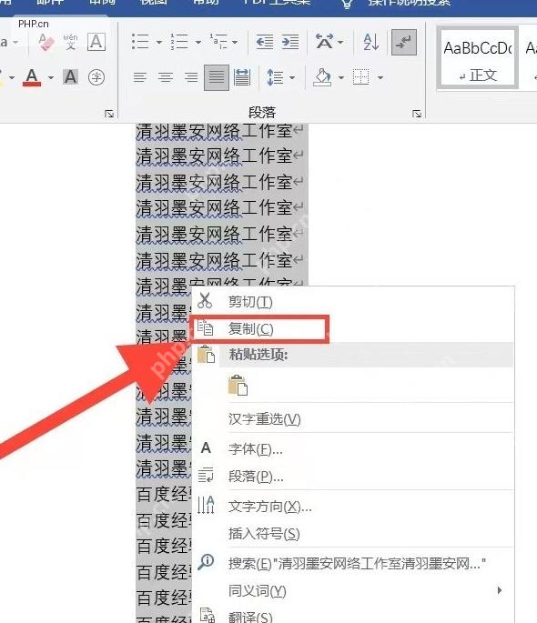 Word 右键菜单中复制命令用于复制已选中的整页内容
