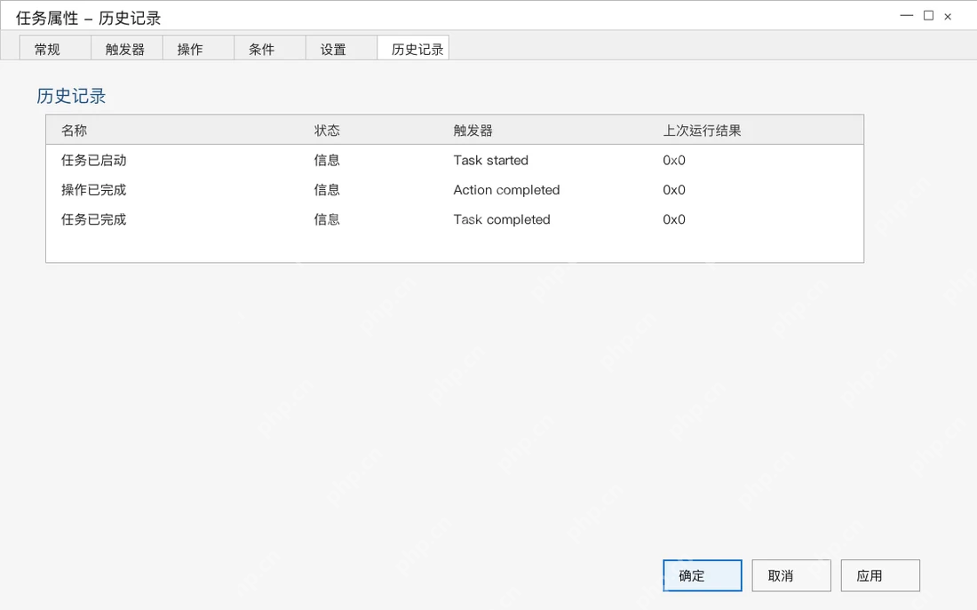 Win10 计划任务历史记录页列出启动、操作完成和任务完成