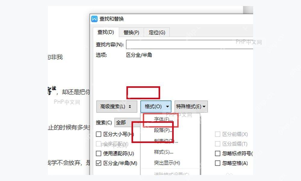 查找和替换窗口中从格式菜单进入字体条件
