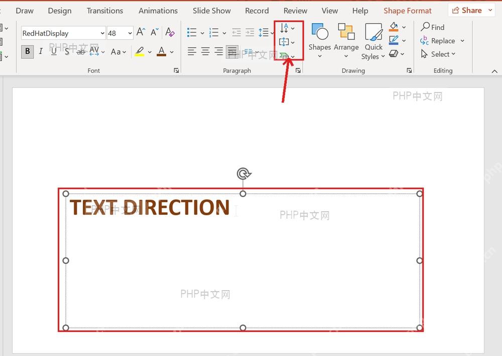 PowerPoint 开始选项卡段落区域的文字方向入口