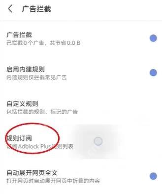 Via广告拦截设置中的规则订阅入口