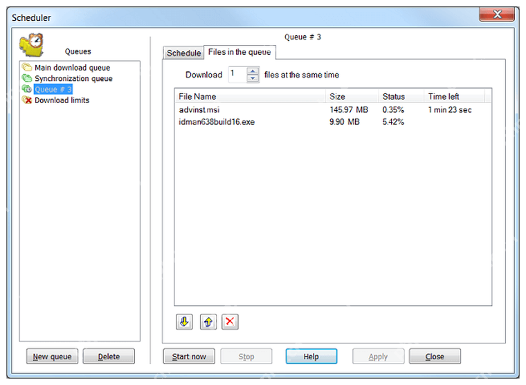 IDM Scheduler 的 Files in the queue 页列出队列任务。