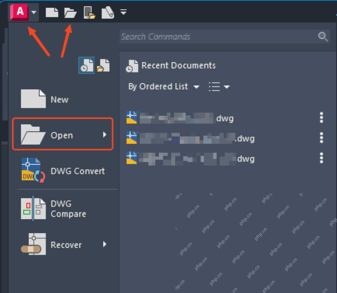 Windows AutoCAD Quick Start Menu 打开图纸截图,证明 DWG 打不开时还可以换 Quick Start Menu 或 recent file 路线重测。
