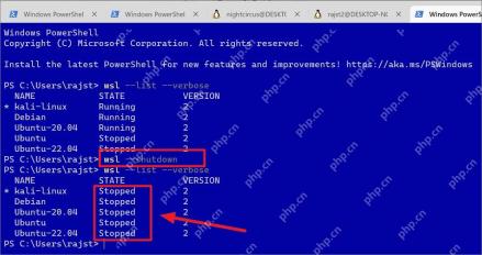 PowerShell 执行 wsl shutdown 后确认所有 WSL 发行版已停止