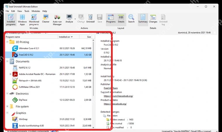 Total Uninstall Windows 已安装程序模块的软件列表。
