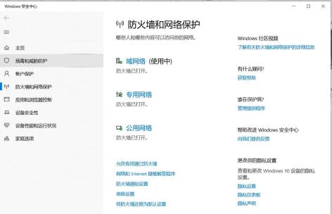 Windows 10 防火墙和网络保护页面显示域专用公用网络