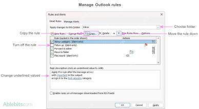 Outlook 规则和通知窗口可停用移动邮件的规则并查看应用文件夹