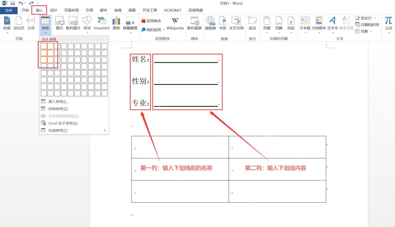 Word插入两列表格准备制作固定长度空白下划线