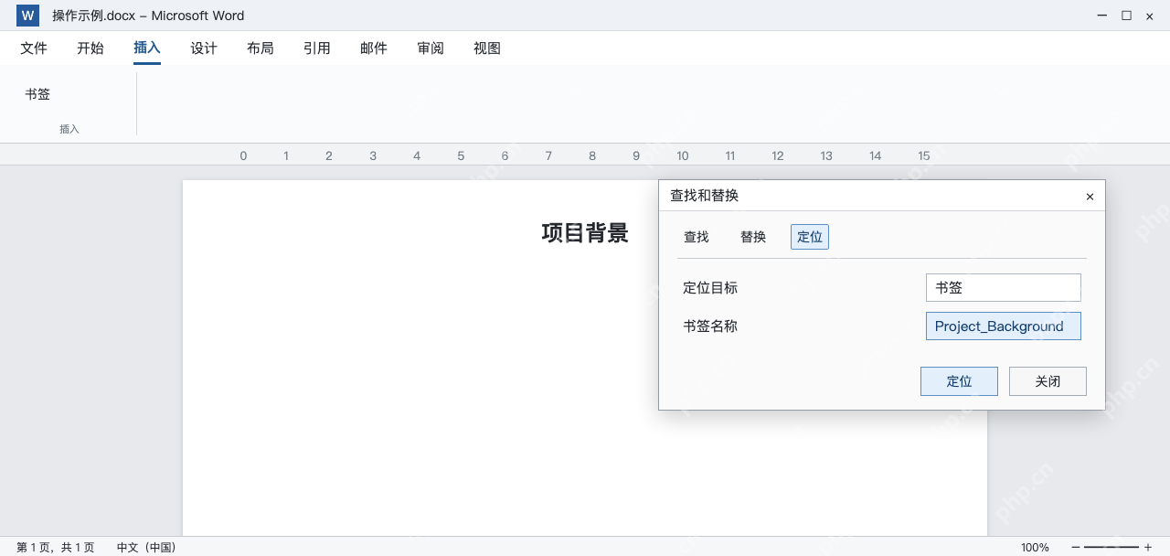 模拟 Word定位窗口选书签Project_Background并跳转