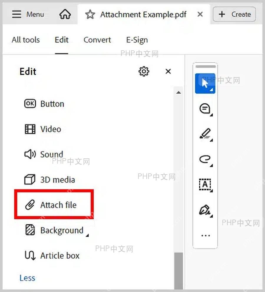 Adobe Acrobat Edit 面板中 Attach file 附件按钮的位置