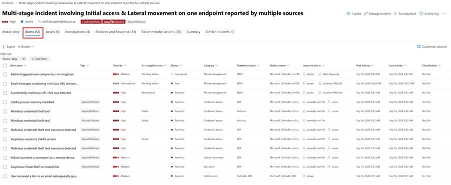 Microsoft Defender XDR 事件中的警报列表