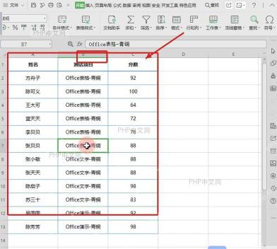 WPS表格选中姓名测试项目和分数完整数据区域