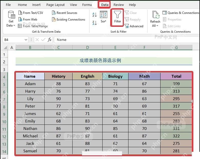Excel 数据选项卡中的筛选按钮和已选中的成绩表区域,服务于打开筛选按钮步骤