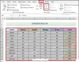 Excel 数据选项卡中的筛选按钮和已选中的成绩表区域,服务于打开筛选按钮步骤