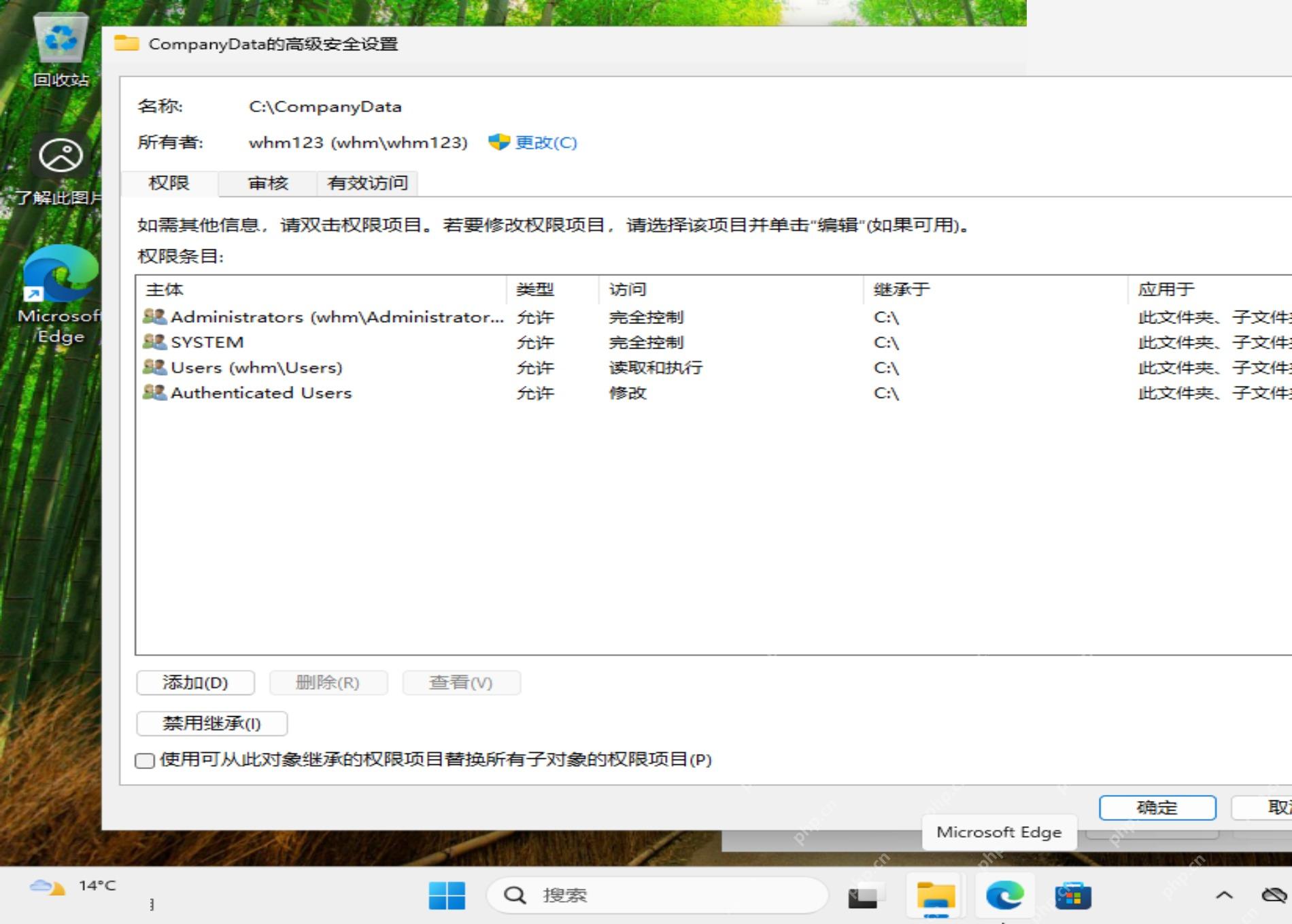 Win11 高级安全设置中复核指定用户权限范围