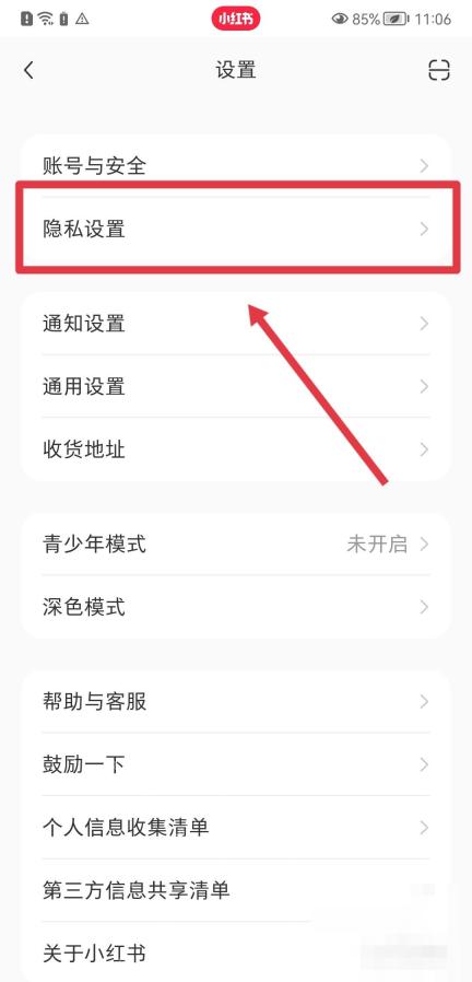 小红书设置页隐私设置入口,用于进入关注列表可见范围设置