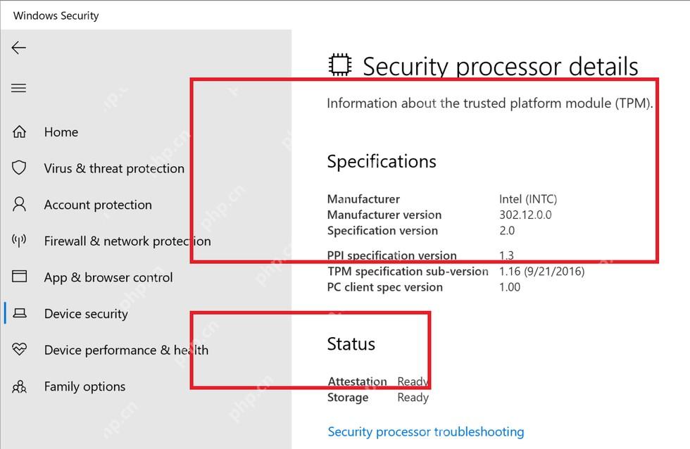 Windows Security 的 Security processor details 页面显示 TPM Specification version 2.0 和 Ready 状态