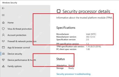 Windows Security 的 Security processor details 页面显示 TPM Specification version 2.0 和 Ready 状态