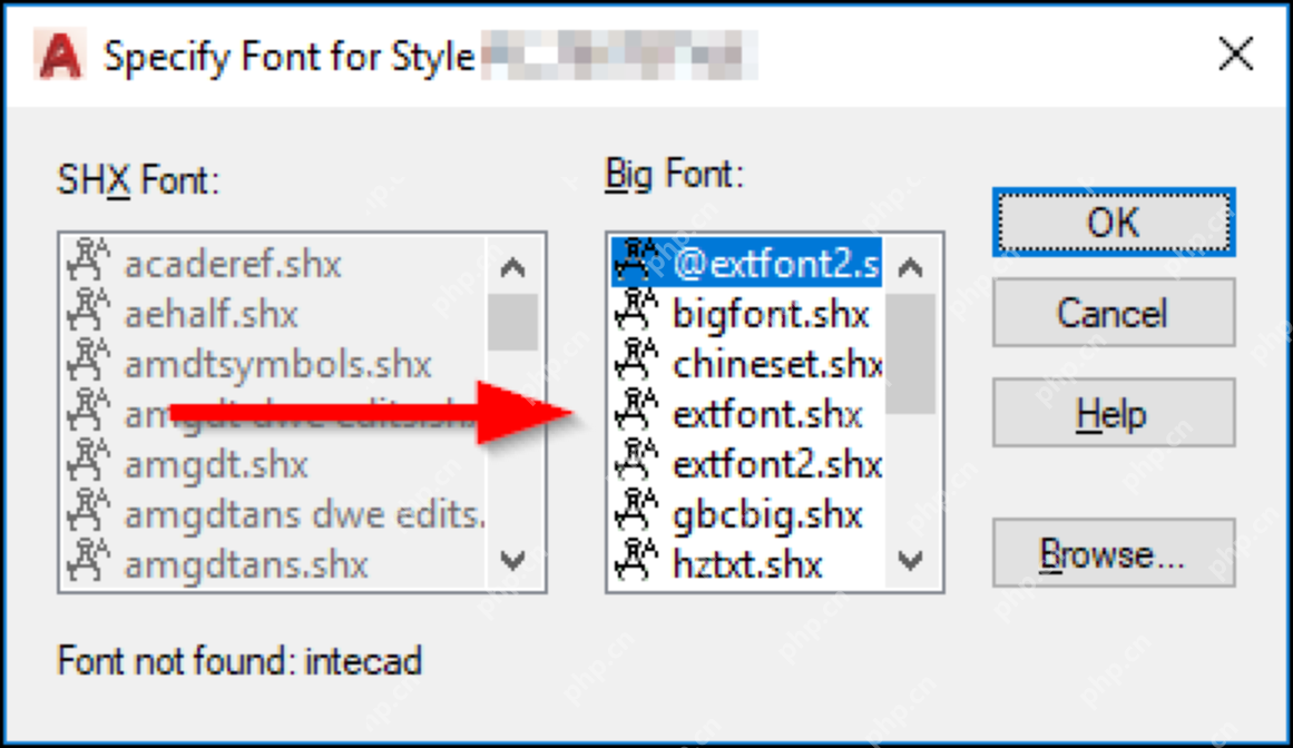 Windows AutoCAD Specify Font for Style 弹窗截图,证明缺失 SHX 或 Big Font 时需要在样式替代窗口里重新指定字体。