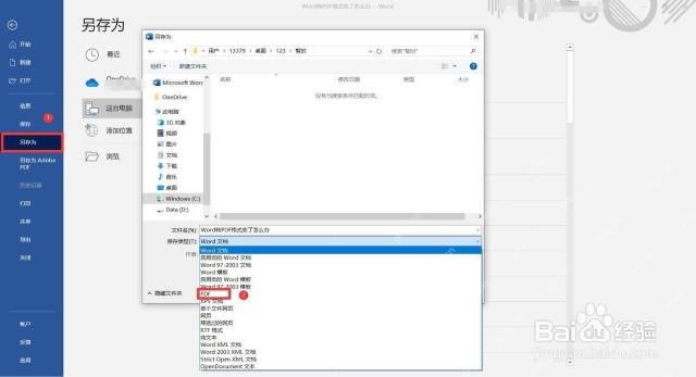 Word 另存为窗口中把保存类型切换为 PDF 格式