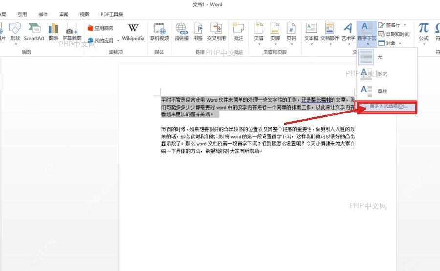 Word 首字下沉菜单中的首字下沉选项