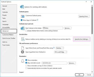 Outlook 高级选项里的自动存档设置入口