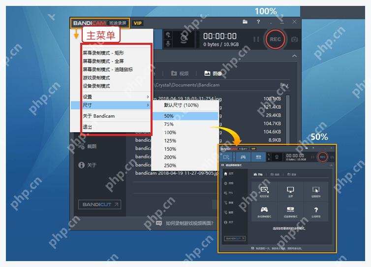 Bandicam Windows 主窗口菜单中调整窗口尺寸方便查看状态栏