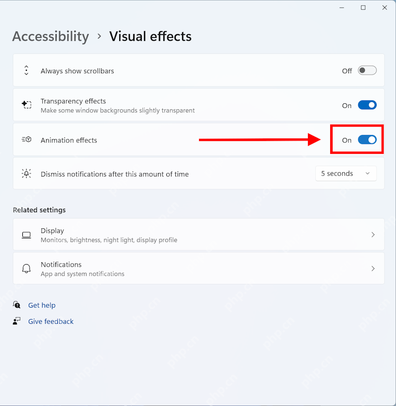 Windows 11 Accessibility Visual effects 页面中 Animation effects 开关处于 On