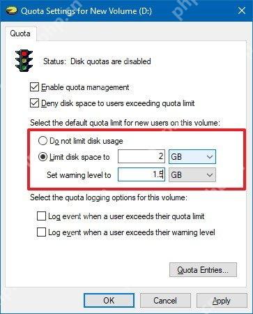 Win10 Quota Settings 中查看 Limit disk space 和 Set warning level
