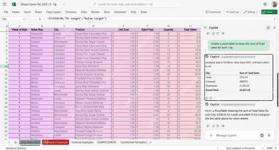 Copilot 面板根据提示按 City 汇总 Total Sales,生成数据透视表预览