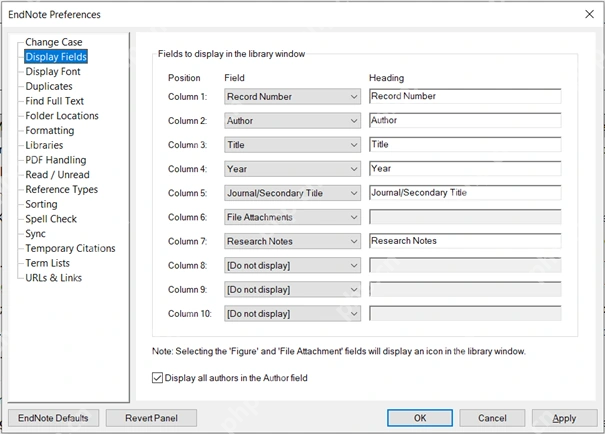 EndNote 21 Windows Preferences 中 Display Fields 可调整文献列表字段