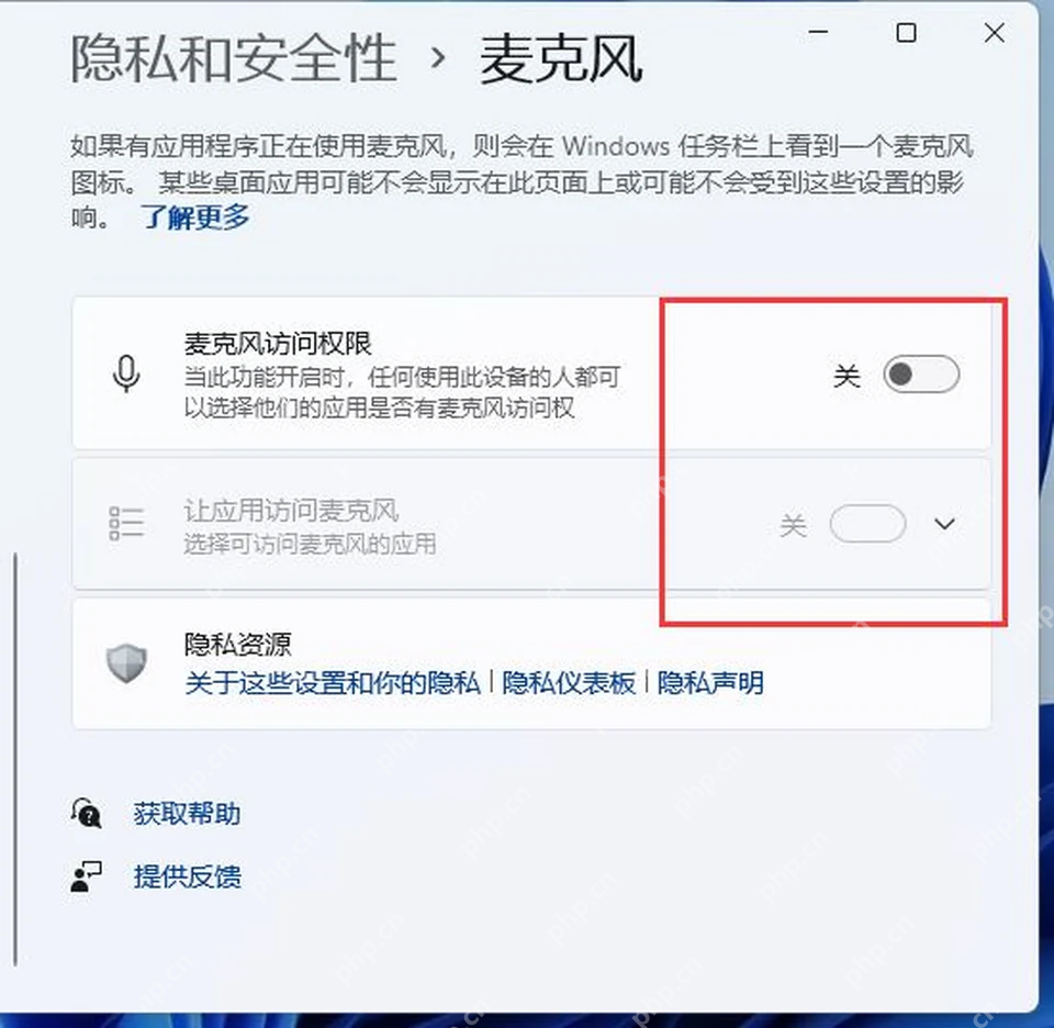 Windows 11 麦克风权限页面总开关处于关闭状态
