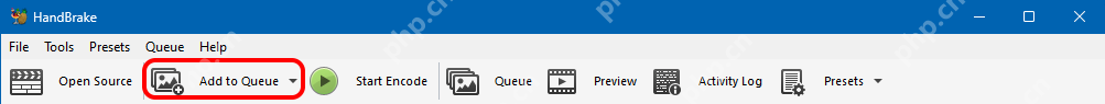 HandBrake Windows顶部Add to Queue按钮用于将当前任务入队的英文操作截图