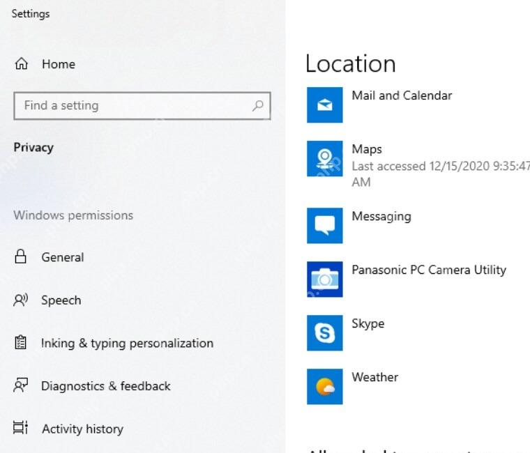 Win10 位置隐私应用列表中 Camera 相机位置权限开关