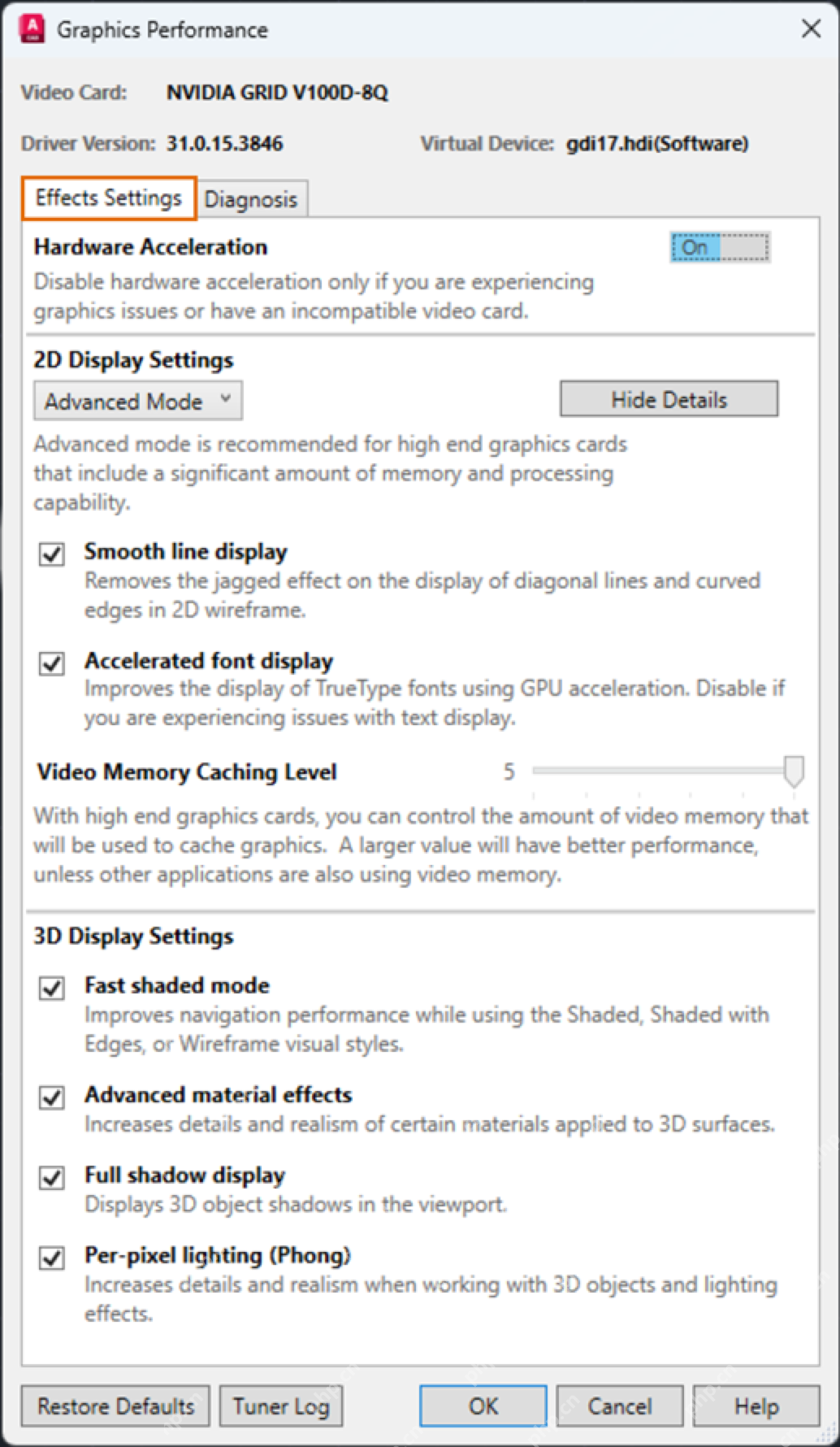 Windows AutoCAD Graphics Performance 对话框里 Smooth line display 和 Hardware Acceleration 的官方截图,证明大量斜线时还要检查 2D 显示相关选项。
