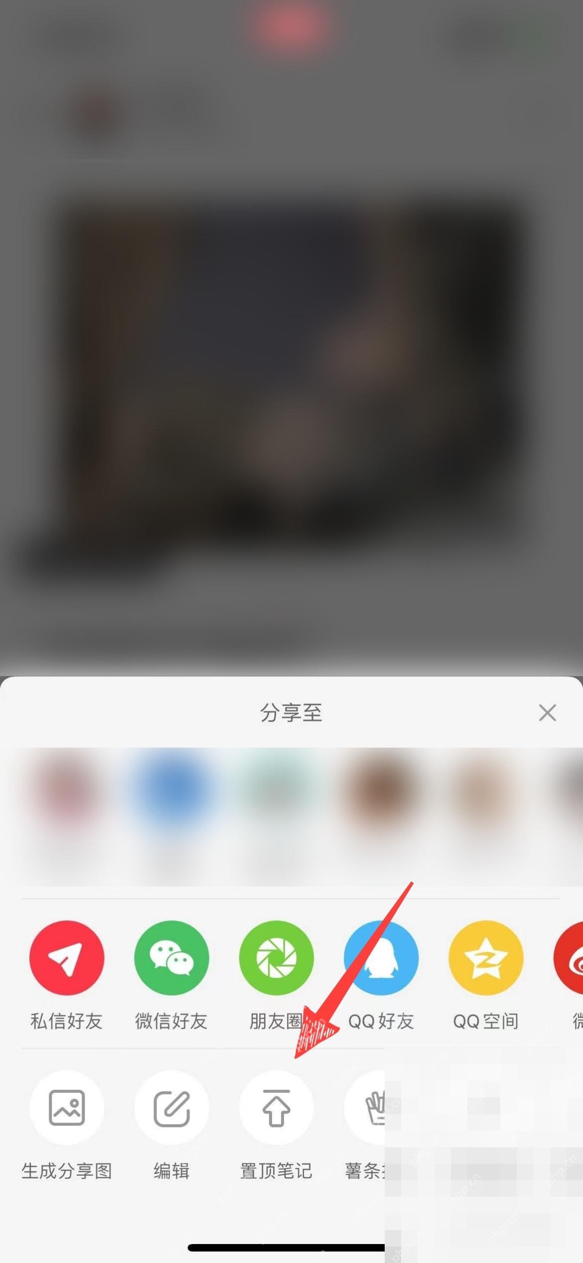 小红书分享面板中的置顶笔记入口,用于把笔记置顶到主页