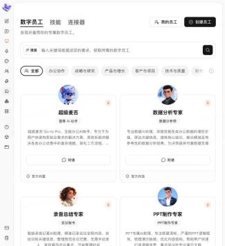 数字员工市场的角色卡片与搜索入口