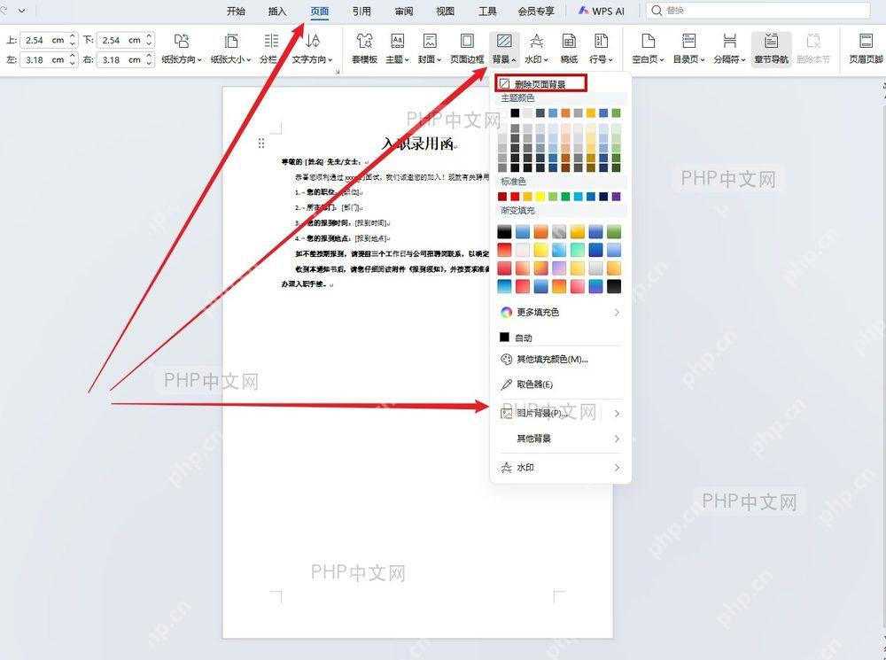 WPS文字删除页面背景入口