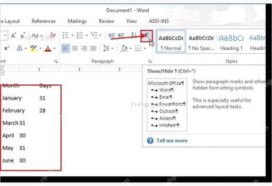 Word 文档中显示制表符和段落标记用于整理文字分隔符