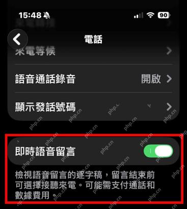 iPhone 电话设置页面中即时语音留言开关已打开并显示费用提示