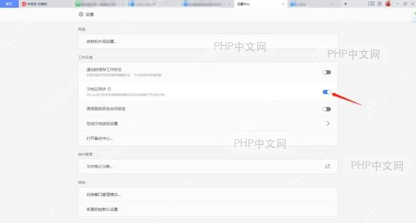 WPS设置页面中的文档云同步开关已开启