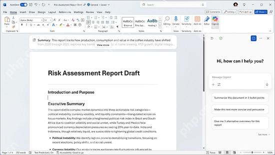 Word 文档右侧的 Copilot Chat 面板