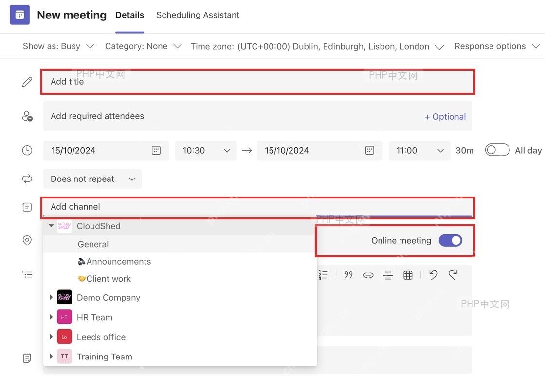 Microsoft Teams 新建会议窗口,红框标出会议标题、添加频道和在线会议开关