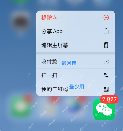 iPhone 主屏幕长按微信入口后出现收付款、扫一扫和我的二维码等快捷操作入口