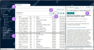 EndNote 21 Windows 文献库打开后的左侧分组中间列表和右侧详情区