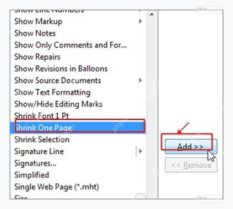 Word 选项中的快速访问工具栏设置,Shrink One Page 命令和 Add 按钮被标出