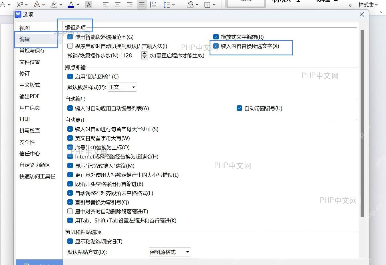 Word 选项窗口,编辑设置区域,包含‘键入内容替换所选文字’复选框的界面截图